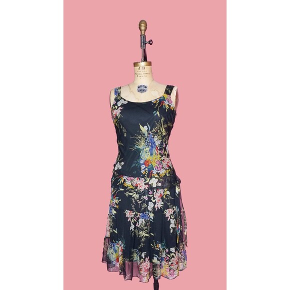 Y2K JONATHAN MARTIN Floral Print Drop Waist Tiered Ruffle Tie Dress. S. AS IS - Picture 2 of 10